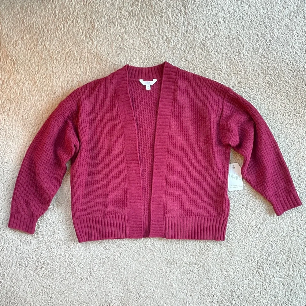 Time and Tru Burgundy Red Soft Chenille Open Front Cardigan Sweater Size Small